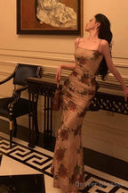 Sexy Sheath Spaghetti Straps Champagne Floral Prom Dresses Birthday Outfits Evening Gown