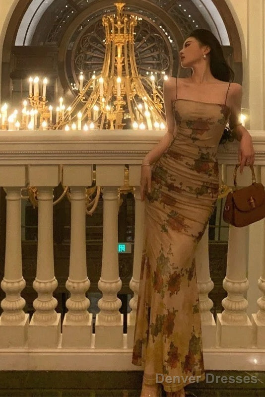Sexy Sheath Spaghetti Straps Champagne Floral Prom Dresses Birthday Outfits Evening Gown Main image