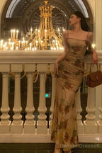 Sexy Sheath Spaghetti Straps Champagne Floral Prom Dresses Birthday Outfits Evening Gown