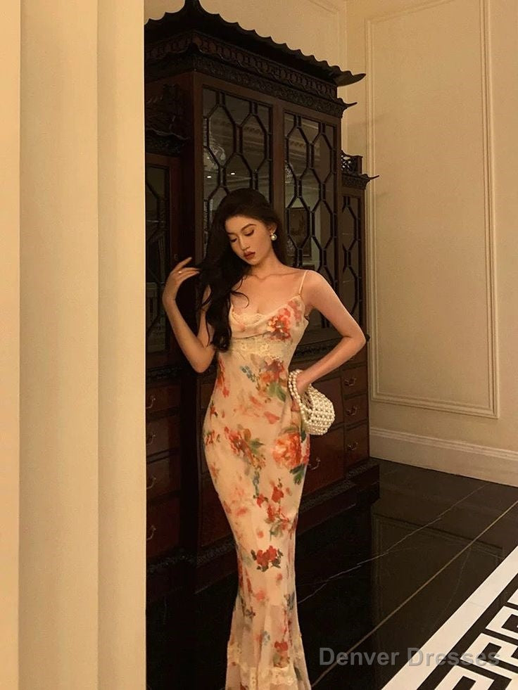 Sexy Sheath Spaghetti Straps Floral Ankle Length Prom Dresses Birthday Dress