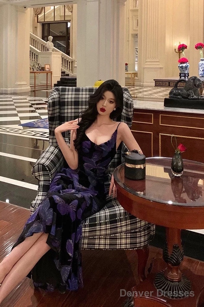 Sexy Sheath Spaghetti Straps Floral Grape Butterfly Fold Long Prom Dresses Birthday Outfits Secondary image