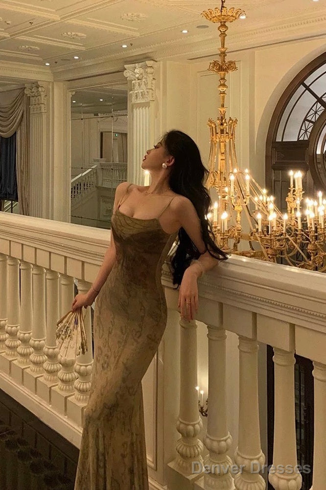 Sexy Sheath Spaghetti Straps Floral Long Prom Dresses Birthday Outfits Evening Gown