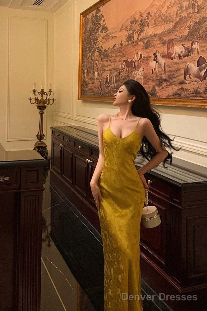 Sexy Sheath Spaghetti Straps Gold Prom Dresses Birthday Outfits Evening Gown