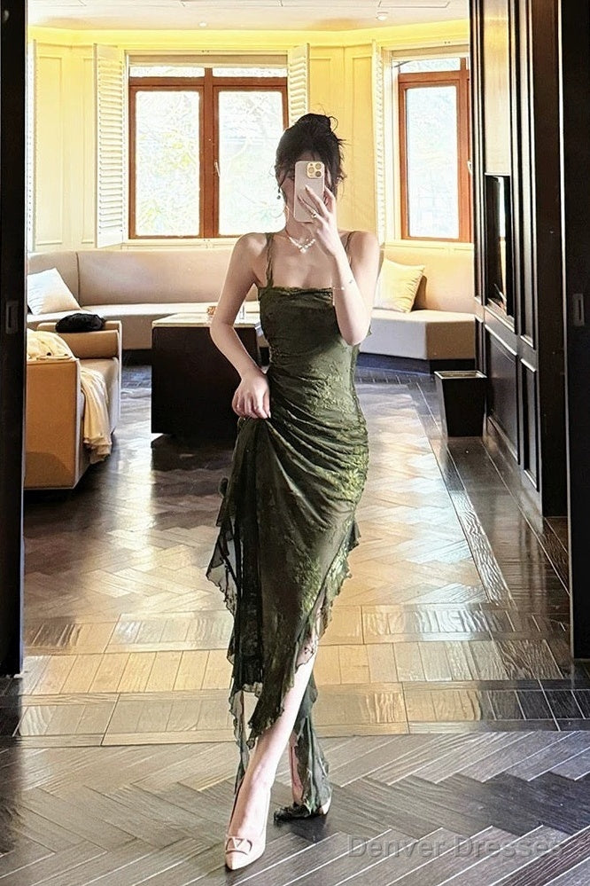 Sexy Sheath Spaghetti Straps Green Ruffles Long Evening Dress Lace Prom Dresses