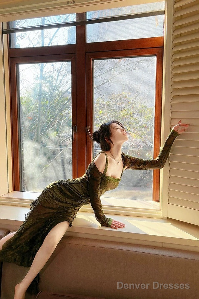 Sexy Sheath Spaghetti Straps Green Ruffles Long Evening Dress Lace Prom Dresses