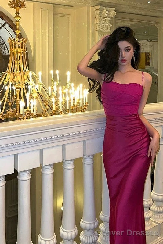 Sexy Sheath Spaghetti Straps Hot Pink Satin Prom Dresses Birthday Outfits Evening Gown
