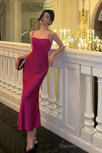 Sexy Sheath Spaghetti Straps Hot Pink Satin Prom Dresses Birthday Outfits Evening Gown