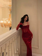 Sexy Sheath Spaghetti Straps Lace Red Velvet Long Prom Dress Birthday Outfits With Gloves