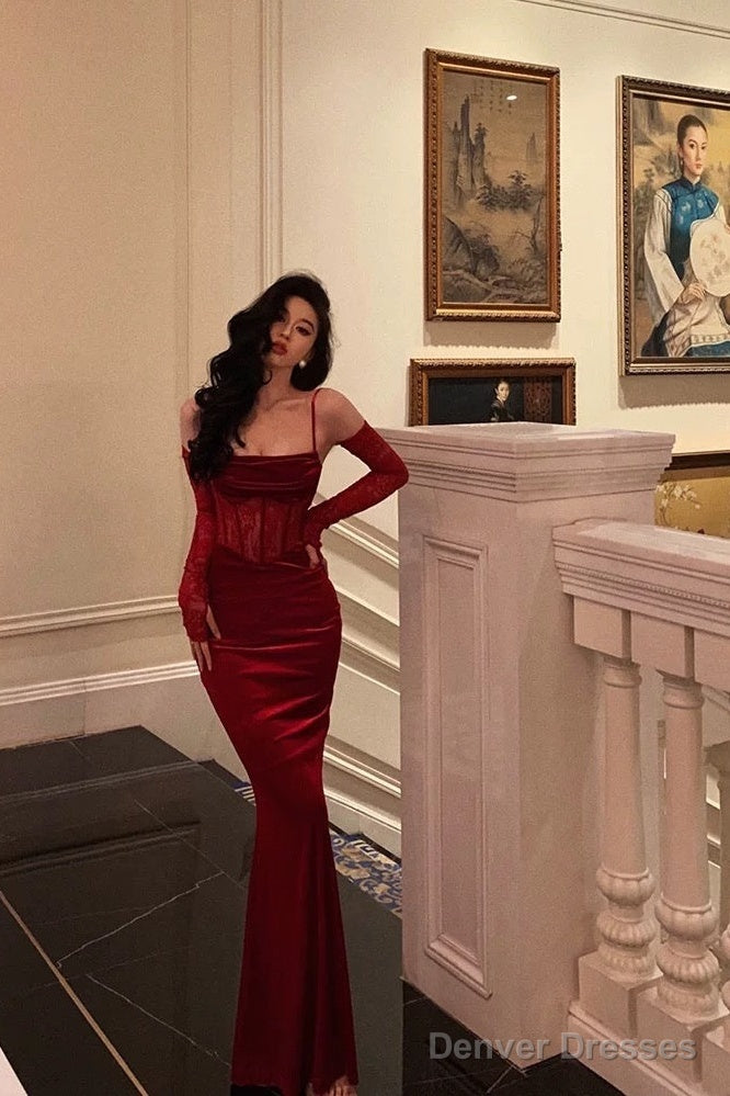 Sexy Sheath Spaghetti Straps Lace Red Velvet Long Prom Dresses Birthday Outfits With Gloves