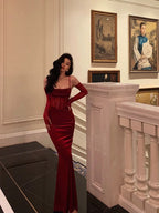 Sexy Sheath Spaghetti Straps Lace Red Velvet Long Prom Dress Birthday Outfits With Gloves