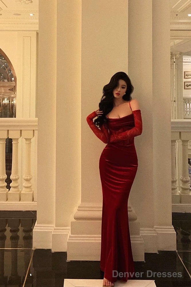 Sexy Sheath Spaghetti Straps Lace Red Velvet Long Prom Dresses Birthday Outfits With Gloves