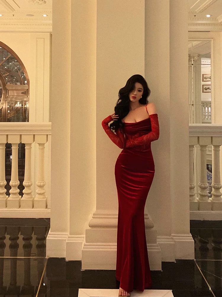 Sexy Sheath Spaghetti Straps Lace Red Velvet Long Prom Dress Birthday Outfits With Gloves