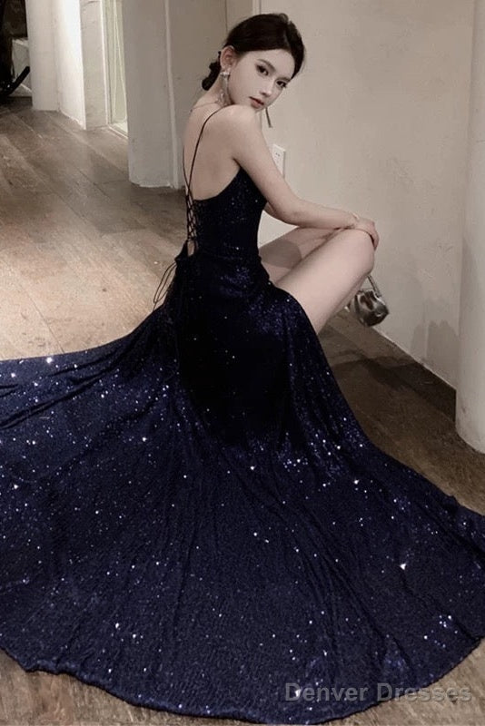 Sexy Sheath Spaghetti Straps Navy Blue Sequin Beach Dress WomenS Vacation Dresses Birthday Dress