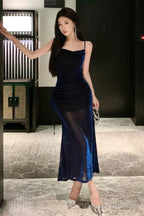Sexy Sheath Spaghetti Straps Navy Blue Sequin Birthday Dresses Prom Dress