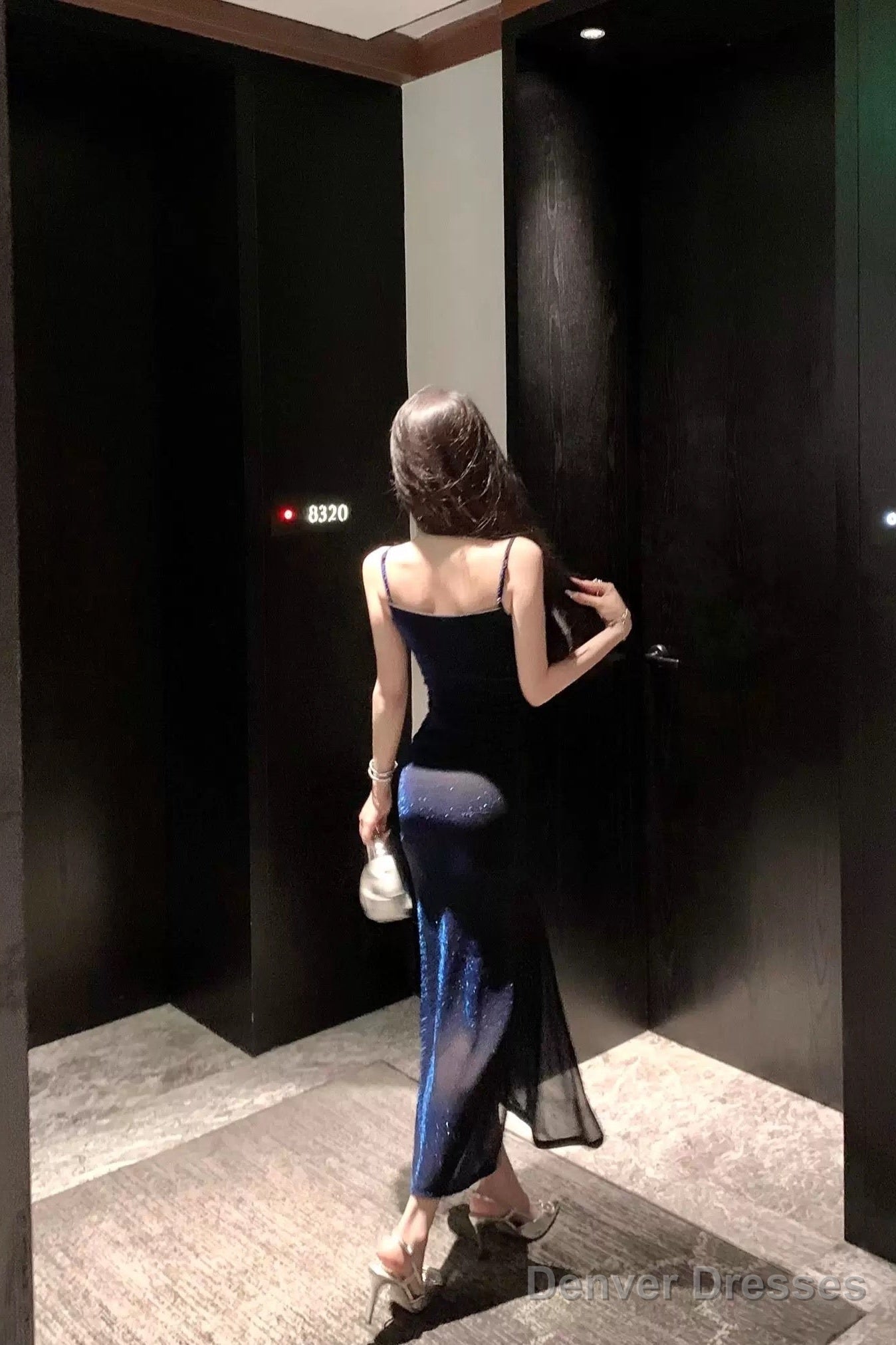 Sexy Sheath Spaghetti Straps Navy Blue Sequin Birthday Dresses Prom Dress