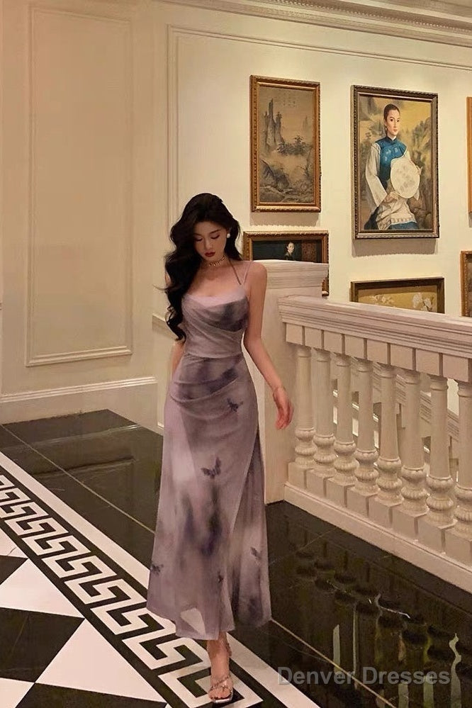 Sexy Sheath Spaghetti Straps Purple Butterfly Satin Slit Prom Dresses Birthday Outfits