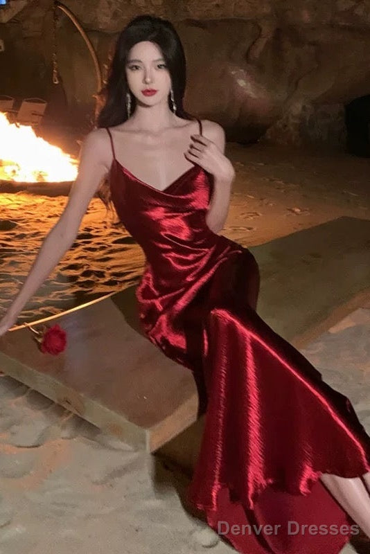 Sexy Sheath Spaghetti Straps Red Backless Satin Birthday Dresses Prom Dress