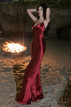 Sexy Sheath Spaghetti Straps Red Backless Satin Birthday Dresses Prom Dress