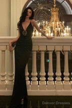 Sexy Sheath Spaghetti Straps Sleeveless Black Prom Dresses Birthday Outfits With Flower