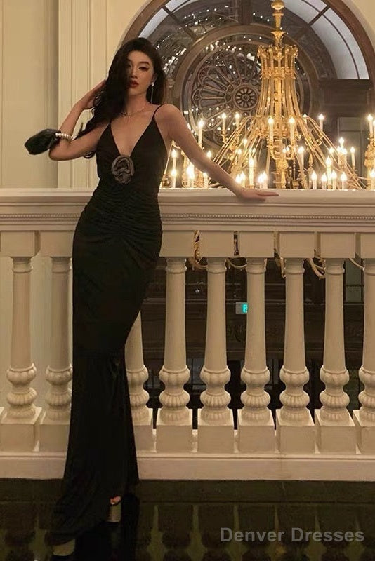 Sexy Sheath Spaghetti Straps Sleeveless Black Prom Dresses Birthday Outfits With Flower Main image