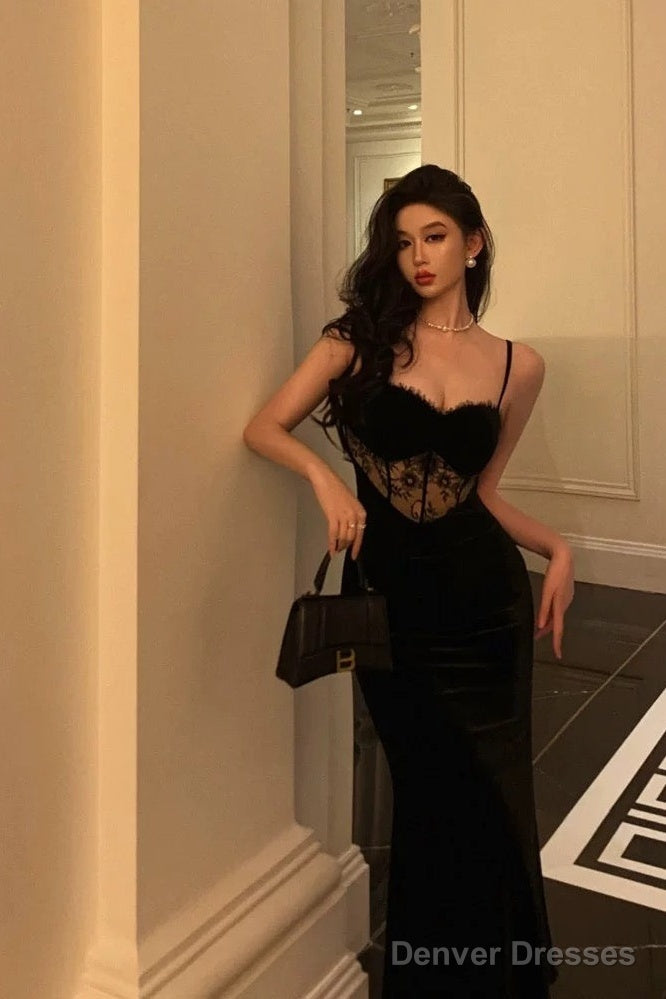 Sexy Sheath Spaghetti Straps Sleeveless Black Velvet Prom Dresses Birthday Outfits