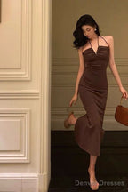 Sexy Sheath Spaghetti Straps Sleeveless Brown Ankle Length Prom Dresses Birthday Outfits