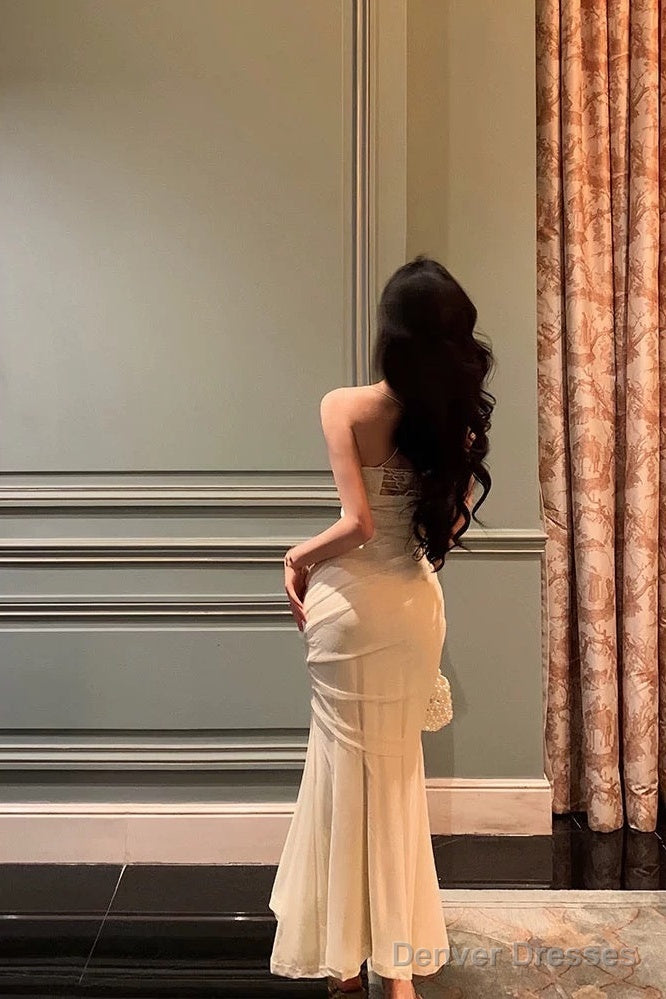 Sexy Sheath Spaghetti Straps Sleeveless White Floral Prom Dresses Birthday Outfits With Flower