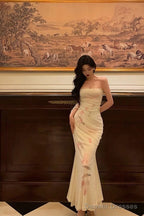 Sexy Sheath Spaghetti Straps Sleeveless White Floral Prom Dresses Birthday Outfits With Flower