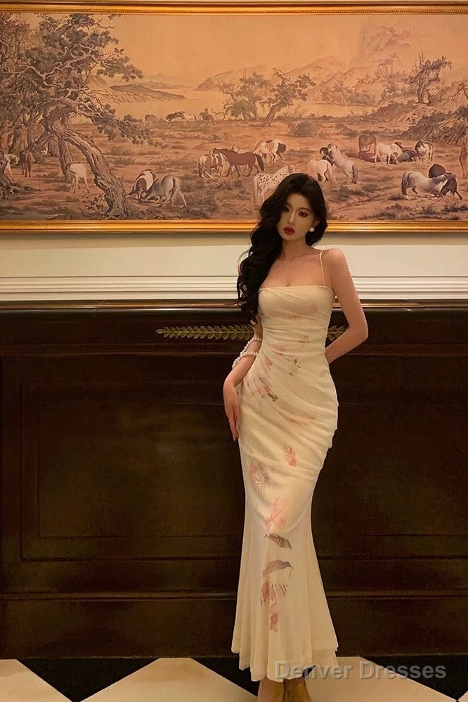 Sexy Sheath Spaghetti Straps Sleeveless White Floral Prom Dresses Birthday Outfits With Flower