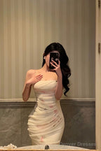 Sexy Sheath Spaghetti Straps Sleeveless White Floral Prom Dresses Birthday Outfits With Flower