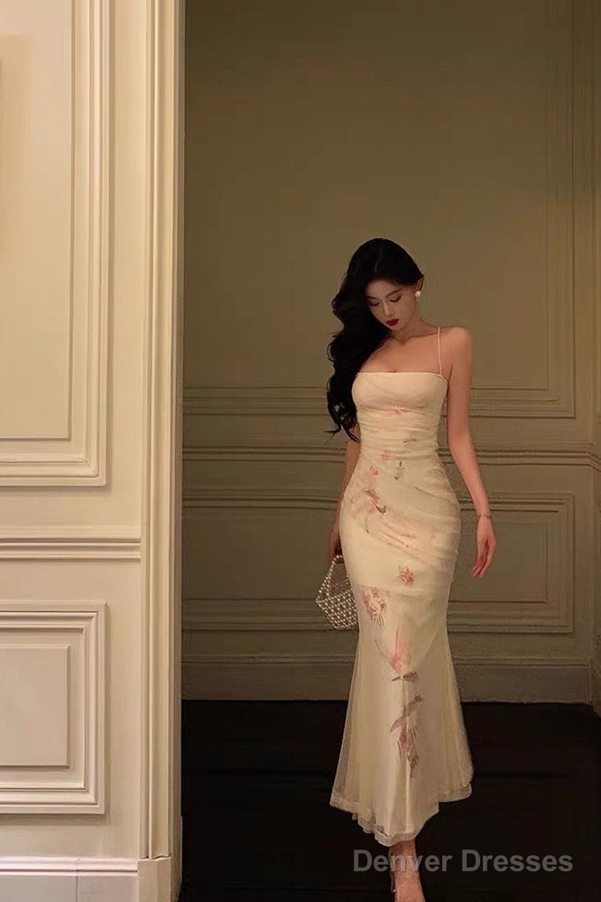 Sexy Sheath Spaghetti Straps Sleeveless White Floral Prom Dresses Birthday Outfits With Flower Main image