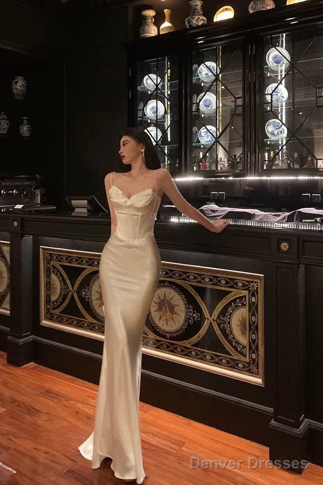 Sexy Sheath Spaghetti Straps White Long Prom Dresses Birthday Outfits