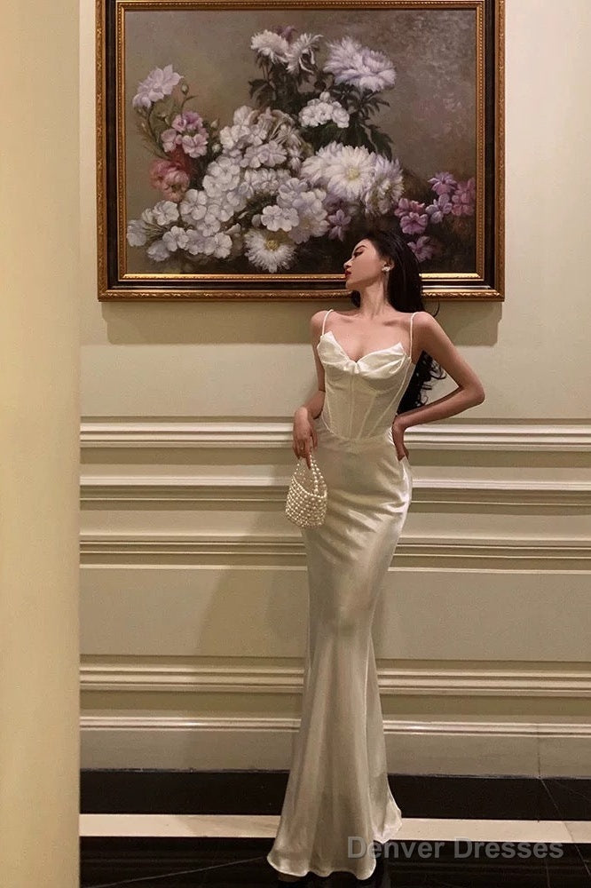 Sexy Sheath Spaghetti Straps White Long Prom Dresses Birthday Outfits
