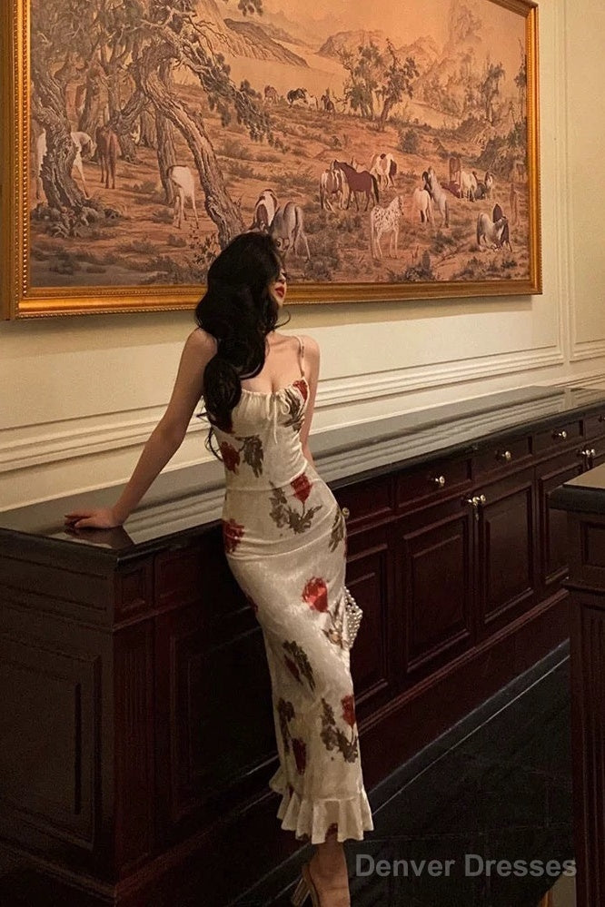 Sexy Sheath Spaghetti Straps White Satin Red Floral Long Prom Dresses Birthday Outfit Secondary image