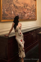 Sexy Sheath Spaghetti Straps White Satin Red Floral Long Prom Dresses Birthday Outfit