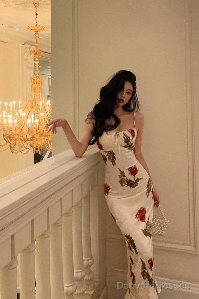 Sexy Sheath Spaghetti Straps White Satin Red Floral Long Prom Dresses Birthday Outfit