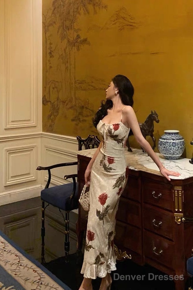 Sexy Sheath Spaghetti Straps White Satin Red Floral Long Prom Dresses Birthday Outfit