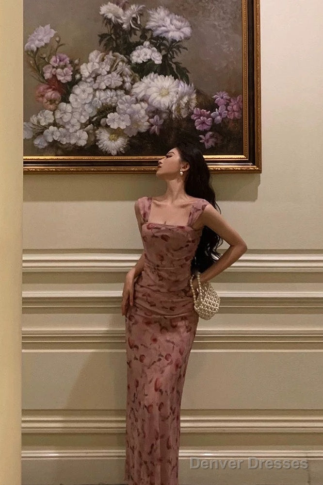 Sexy Sheath Square Neckline Floral Pink Prom Dresses Birthday Outfits Evening Gown