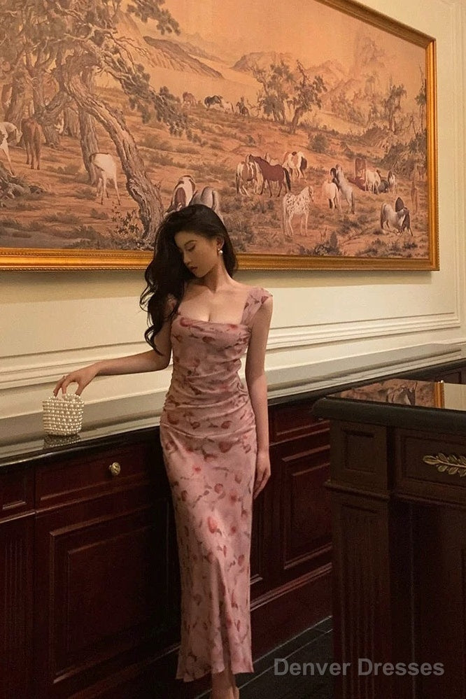 Sexy Sheath Square Neckline Floral Pink Prom Dresses Birthday Outfits Evening Gown