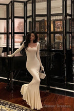 Sexy Sheath Square Neckline Ivory Long Prom Dresses Birthday Outfits Evening Gown