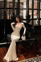 Sexy Sheath Square Neckline Ivory Long Prom Dresses Birthday Outfits Evening Gown