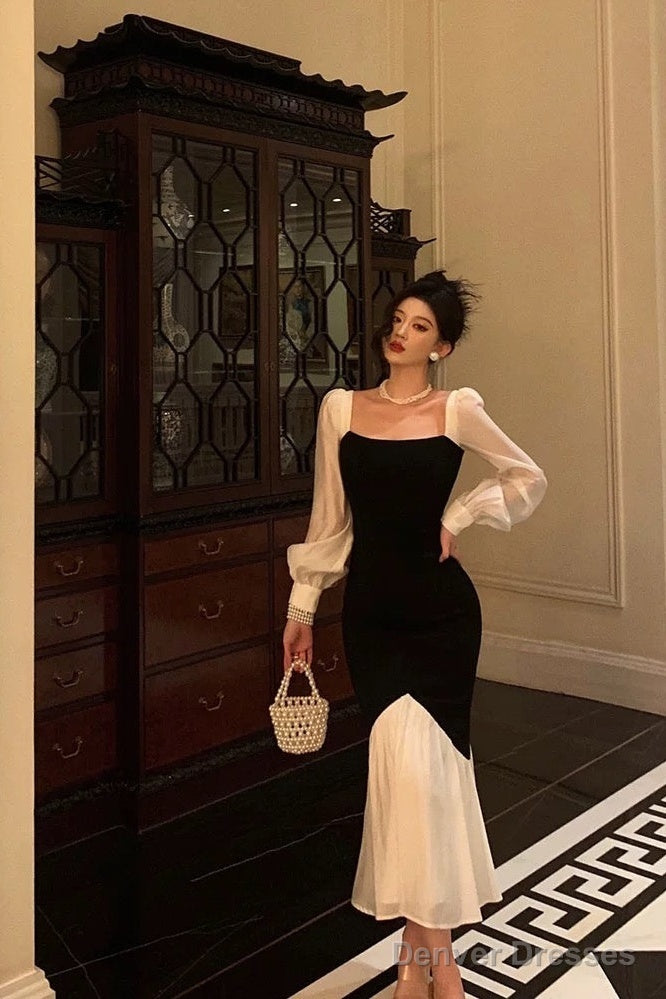 Sexy Sheath Square Neckline Long Sleeves Black Prom Dresses Birthday Outfits With Ruffle Secondary image