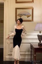 Sexy Sheath Square Neckline Long Sleeves Black Prom Dresses Birthday Outfits With Ruffle