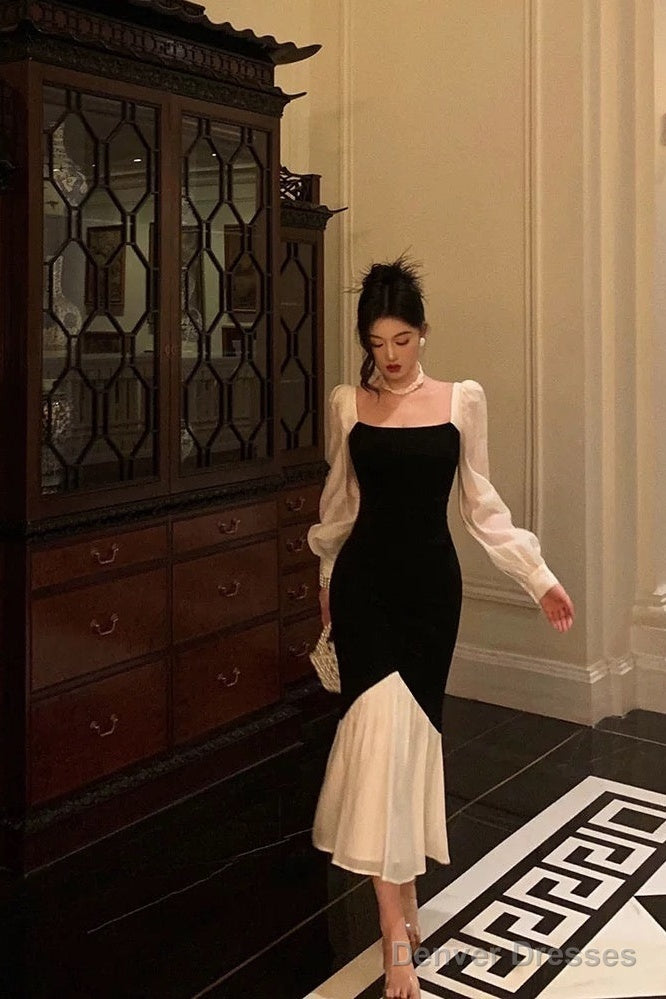 Sexy Sheath Square Neckline Long Sleeves Black Prom Dresses Birthday Outfits With Ruffle Main image