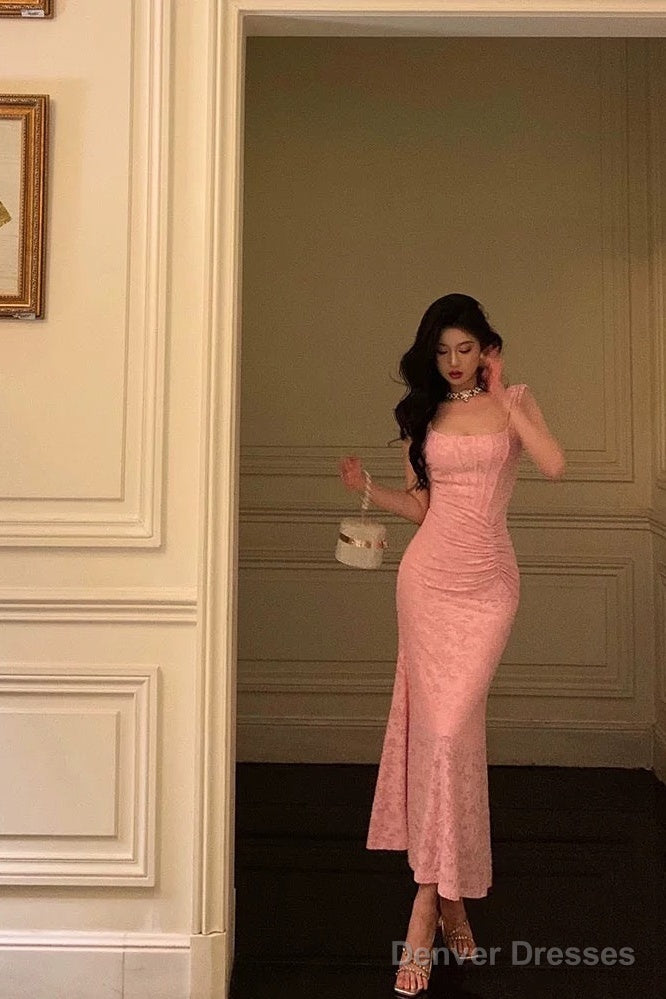 Sexy Sheath Square Neckline Pink Lace Prom Dresses Birthday Outfits