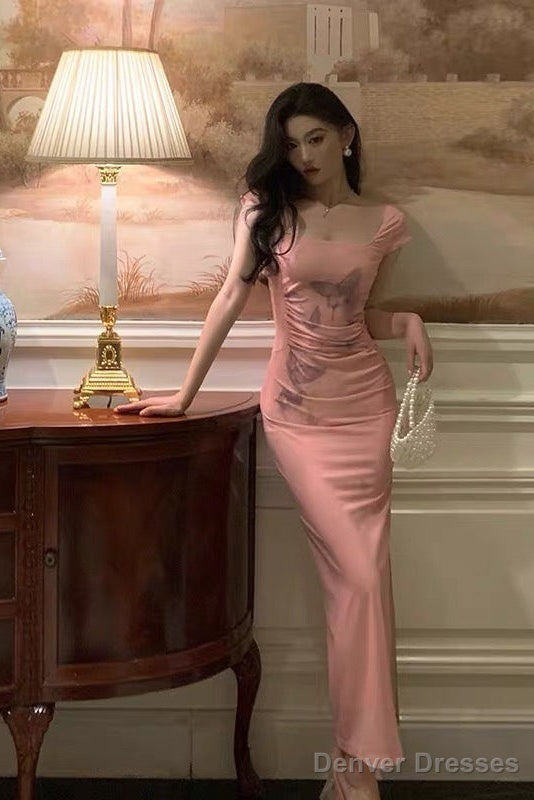 Sexy Sheath Square Neckline Pink Prom Dresses Slit Birthday Outfits Evening Gown