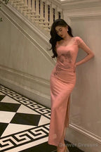 Sexy Sheath Square Neckline Pink Prom Dresses Slit Birthday Outfits Evening Gown