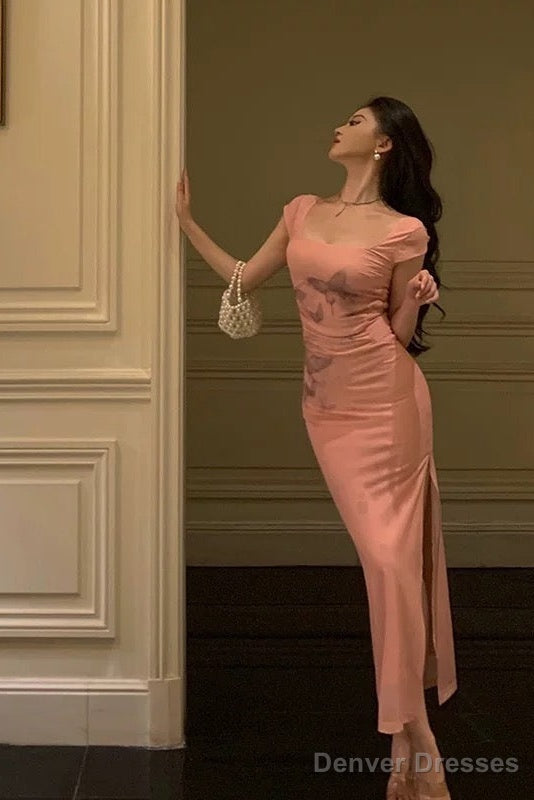 Sexy Sheath Square Neckline Pink Prom Dresses Slit Birthday Outfits Evening Gown Main image