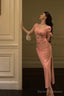 Sexy Sheath Square Neckline Pink Prom Dresses Slit Birthday Outfits Evening Gown