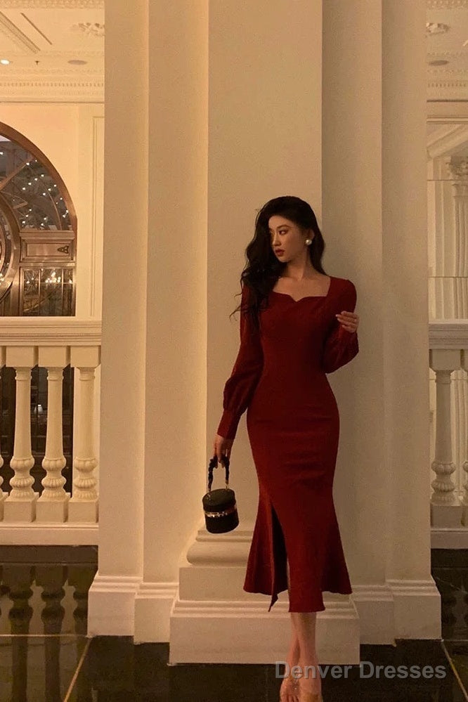 Sexy Sheath Square Neckline Red Date Night Dress Prom Dresses Birthday Outfit